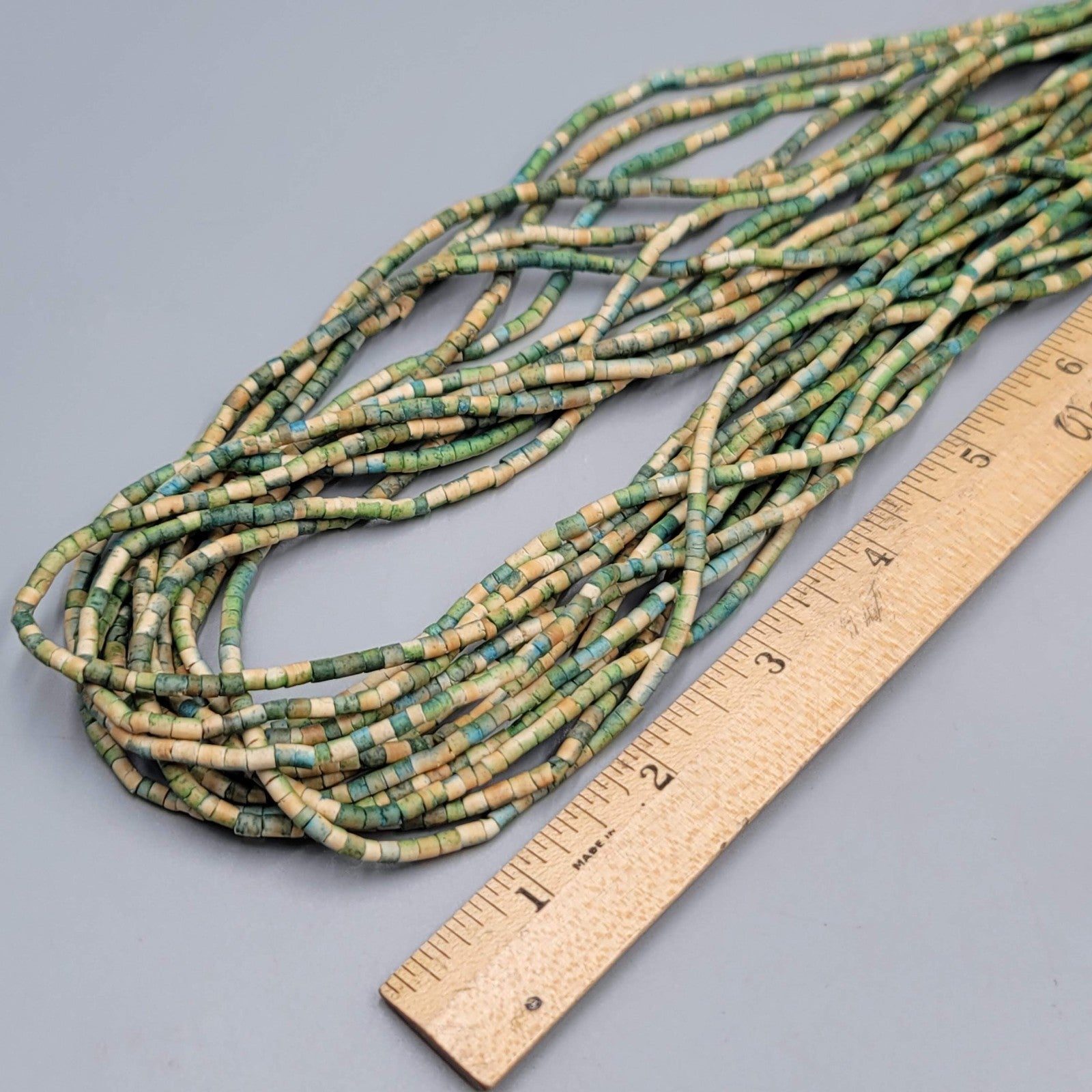 Multistrand Green Tan Bead Necklace Coconut Button Closure Adj 18"-20"