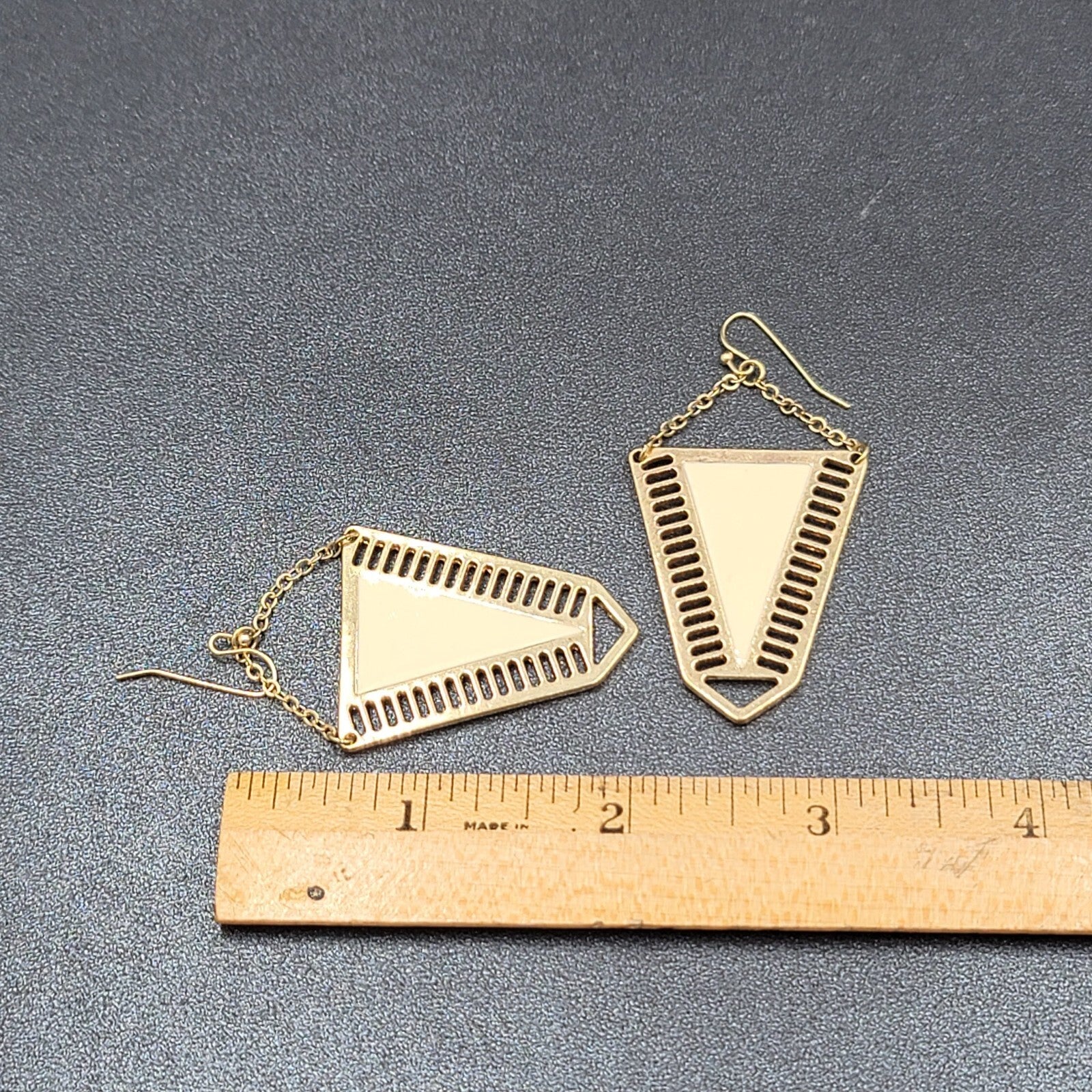 Pierced Earrings Gold tone Cream White Enamel Statement Dangle 2 1/8"