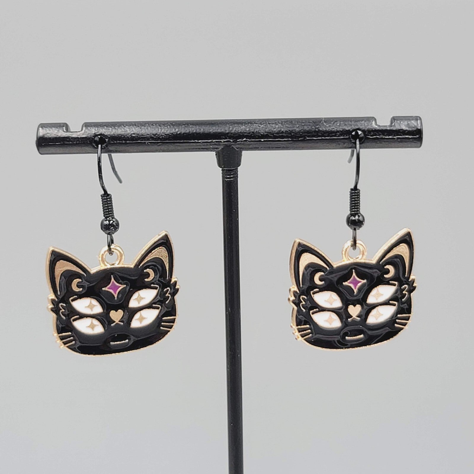 Four Eyed Black Cat Pierced Earrings Enamel Gold tone Dangle New 