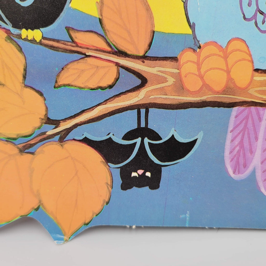 Vintage Purple Owl Crow Bat Die Cut Halloween Double Sided 12.5" x 9"