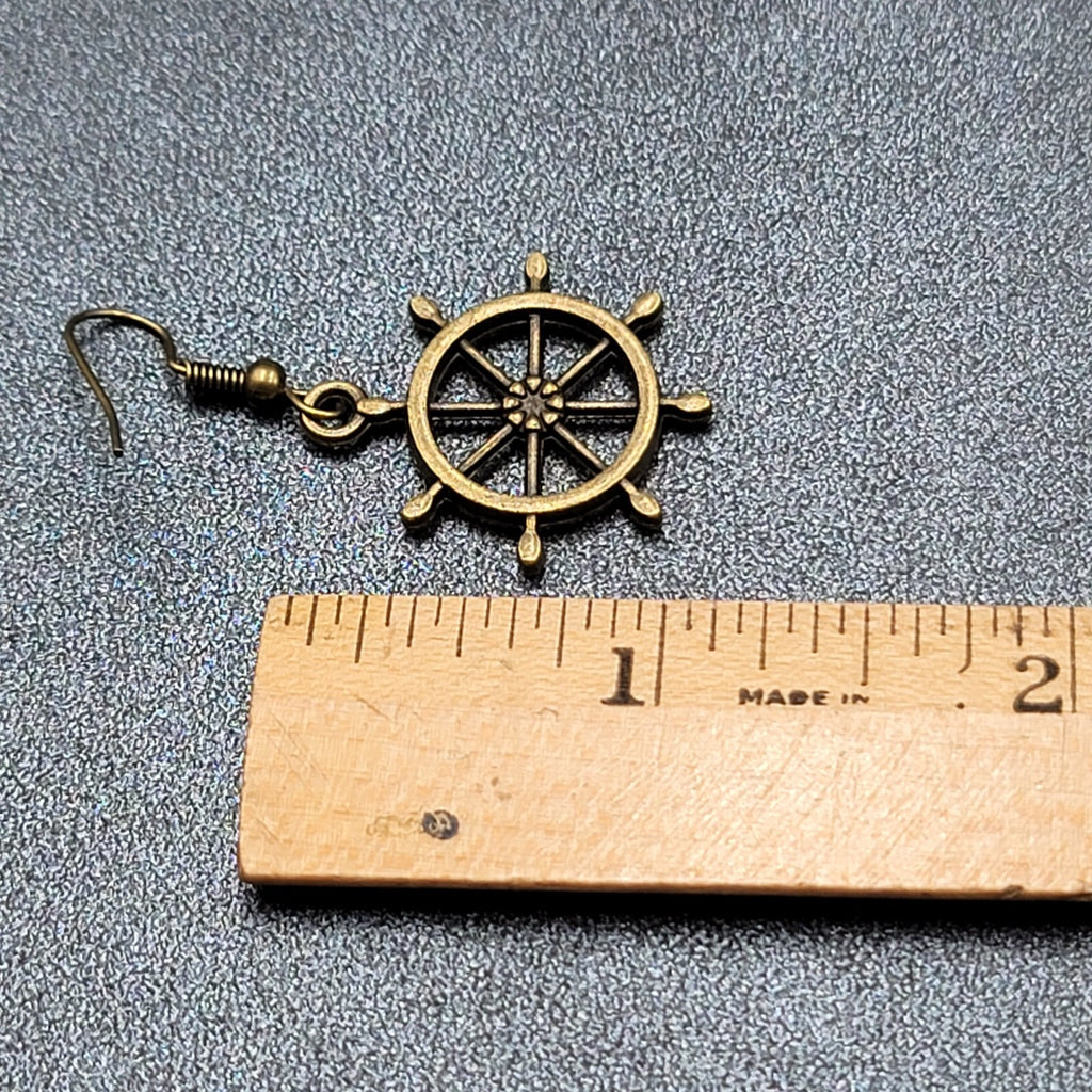 New Helm Pierced Earrings Bronze tone Ships Wheel Nautical Dangle 1"