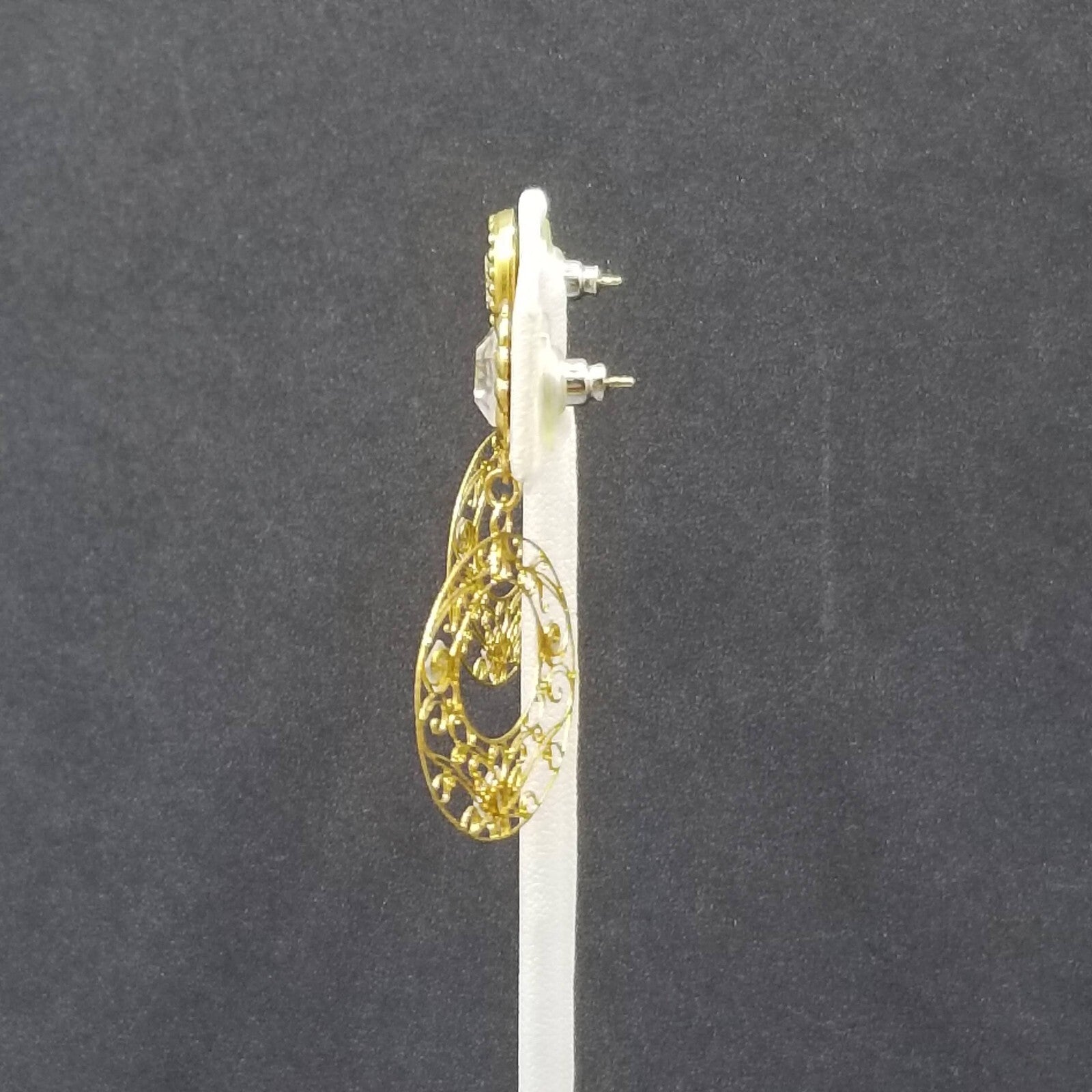 Pierced Earrings Gold tone Crystal Open Work Round Dangle 1 3/4"