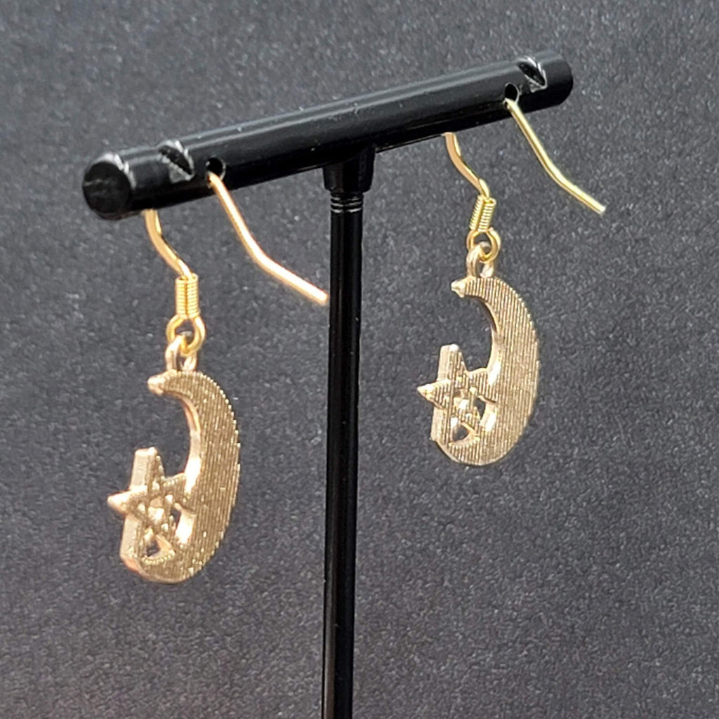 New Moon Star Pierced Earrings Gold tone Purple Enamel Dangle 3/4"