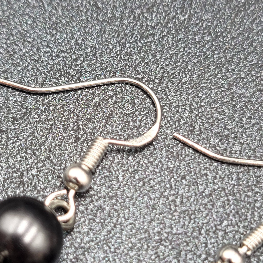 Pierced Earrings Sterling Silver Hooks Black Flower Art Glass Beads 1.25"