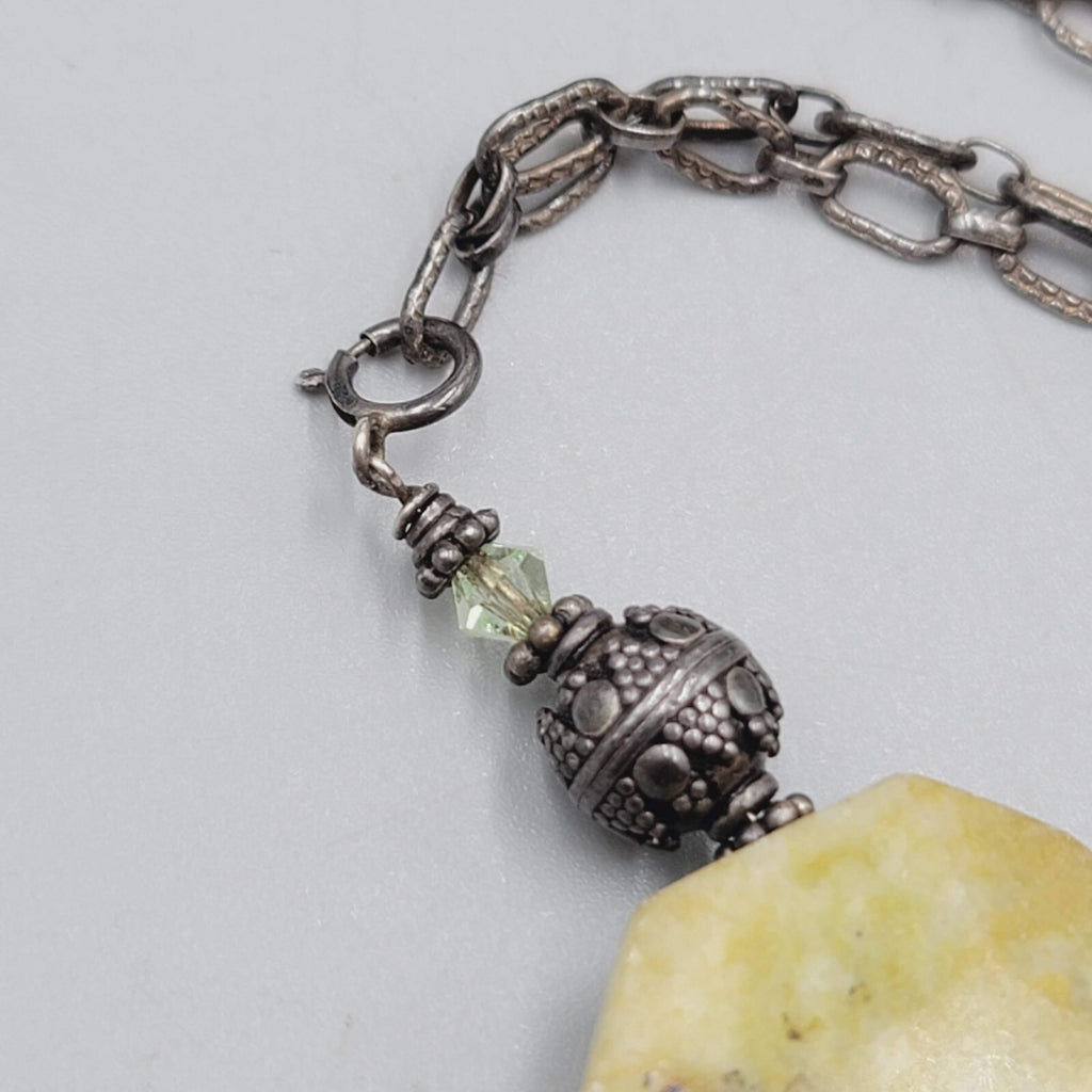 Sterling Silver Necklace Serpentine Stone Pendant Textured Chain 20"