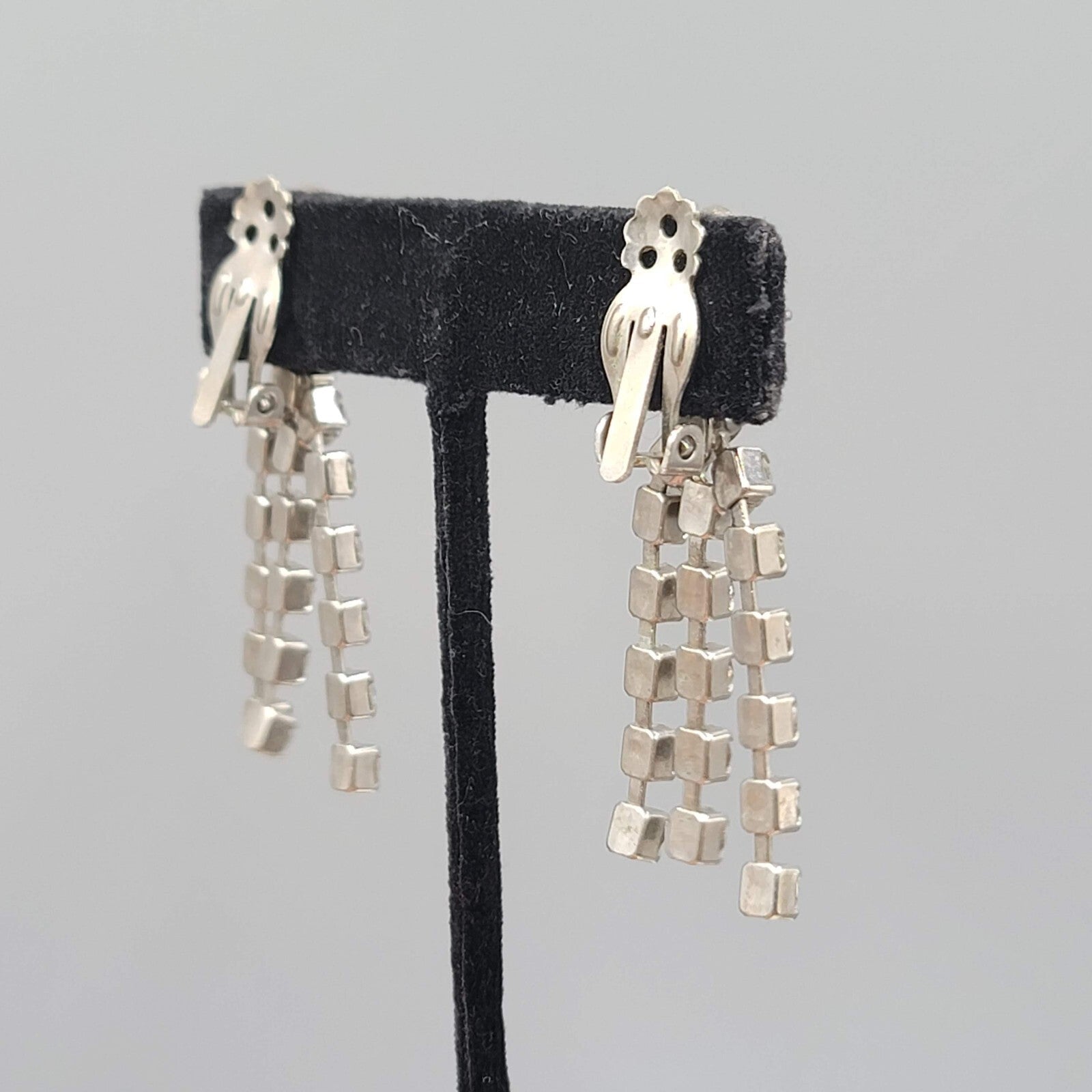 Vintage Long Rhinestone Clip on Earrings Silver tone 2"