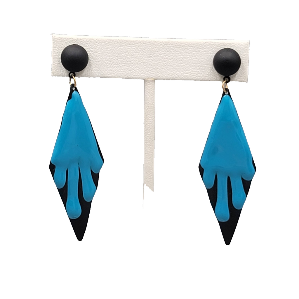 Vintage Black Blue Enamel Pierced Earrings Statement Dangle 2.75"