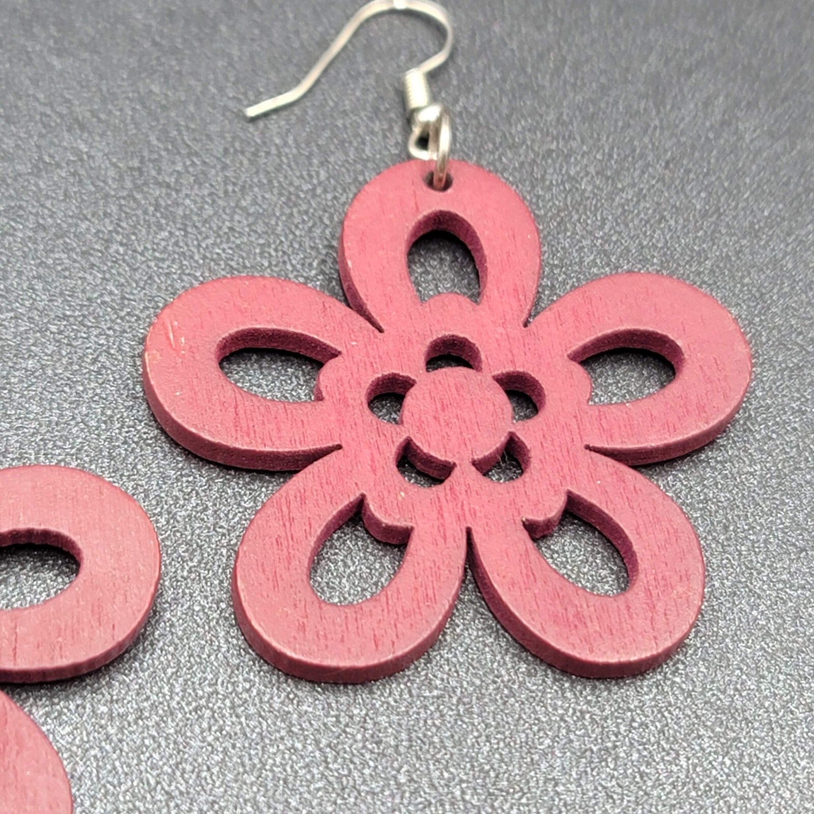 Flower Pierced Earrings Red Burgundy Laser Cut Wood Dangle 1.75"