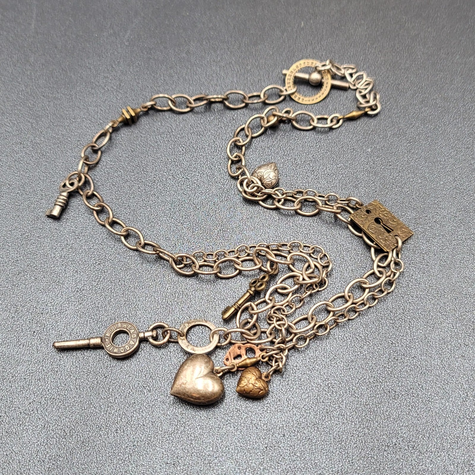 Skeleton Key Heart Charm Necklace Silver tone Statement 22"