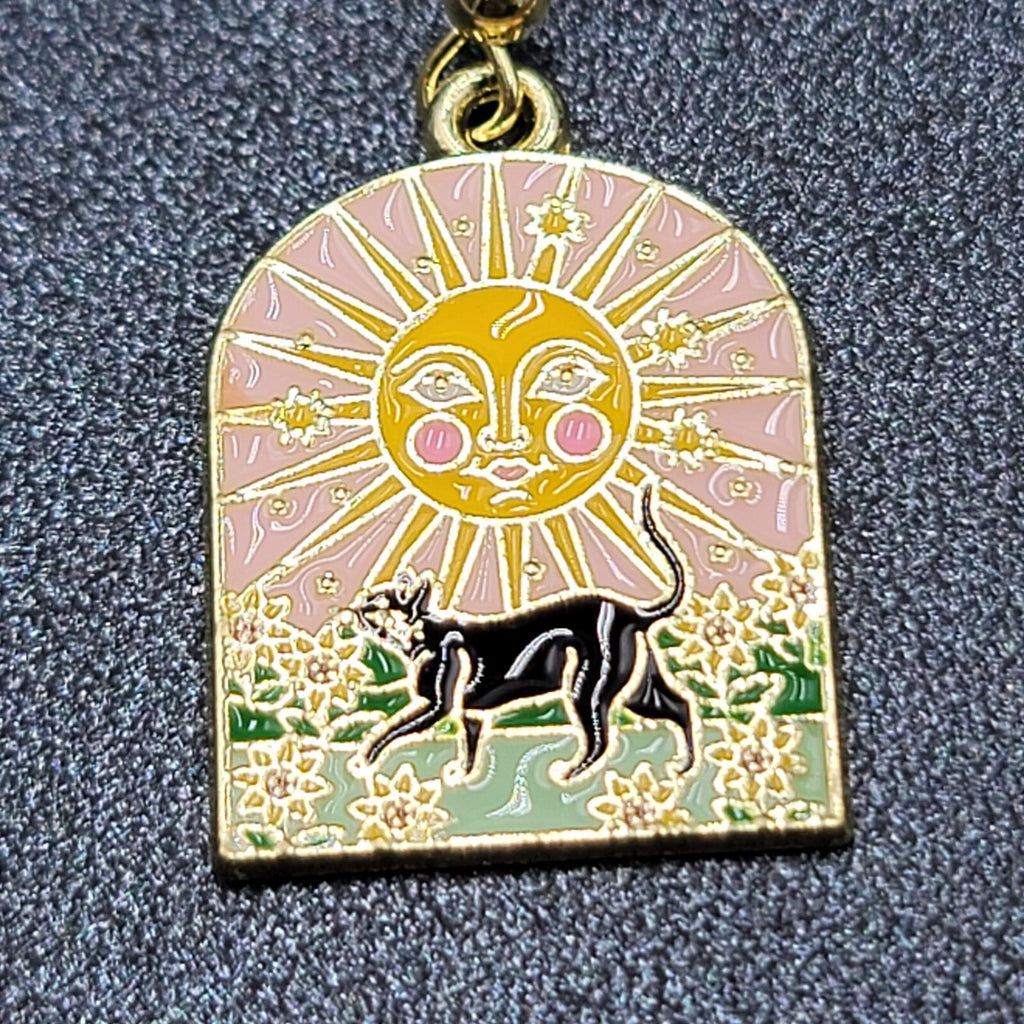 Pierced Earrings Gold tone Enamel Black Cat Happy Sun Flowers Dangle 1"