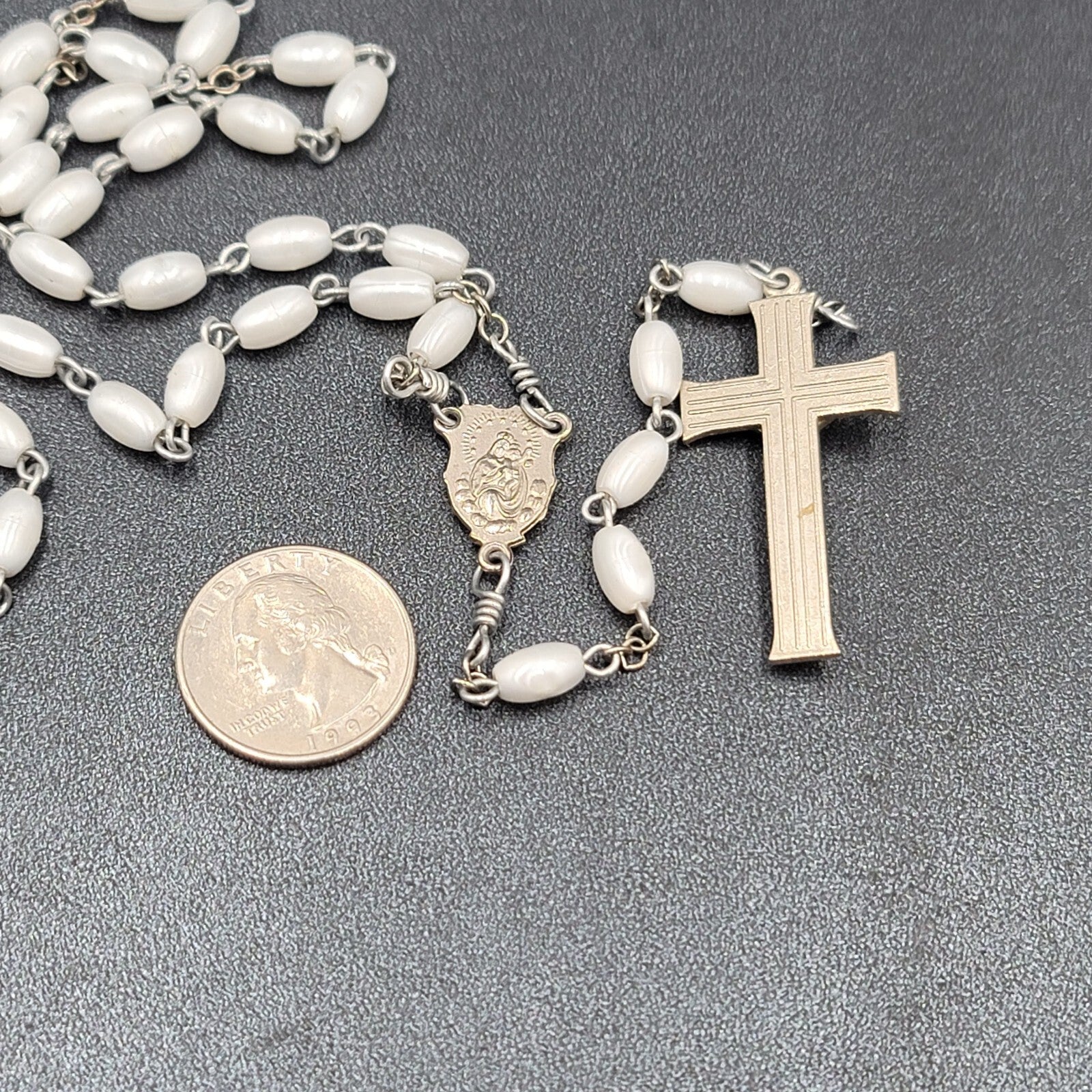 Vintage White Bead Catholic Rosary Crucifix Silver tone