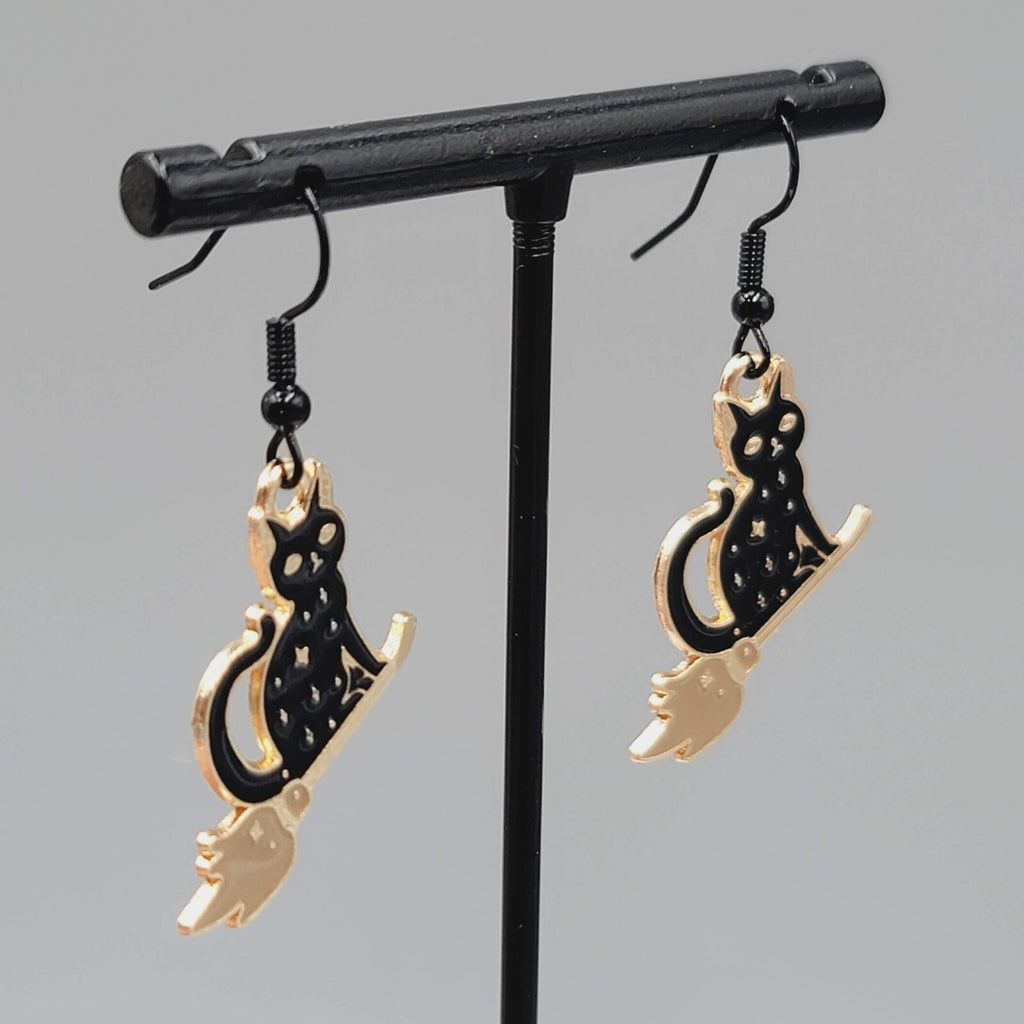 Black Cat Riding Broom Pierced Earrings Enamel Gold tone Dangle New 1"