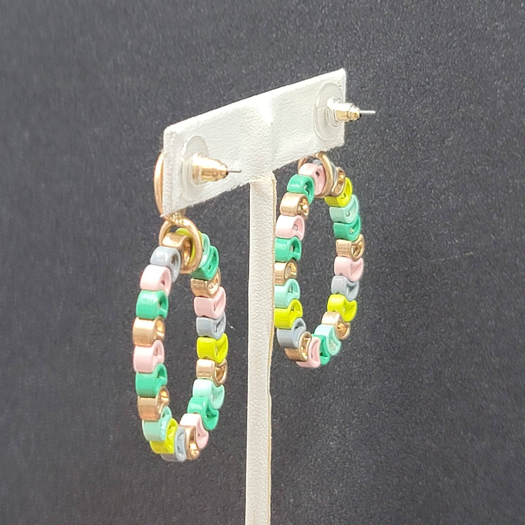Pierced Earrings Gold tone Multicolor Strung Beads Hoop 2"