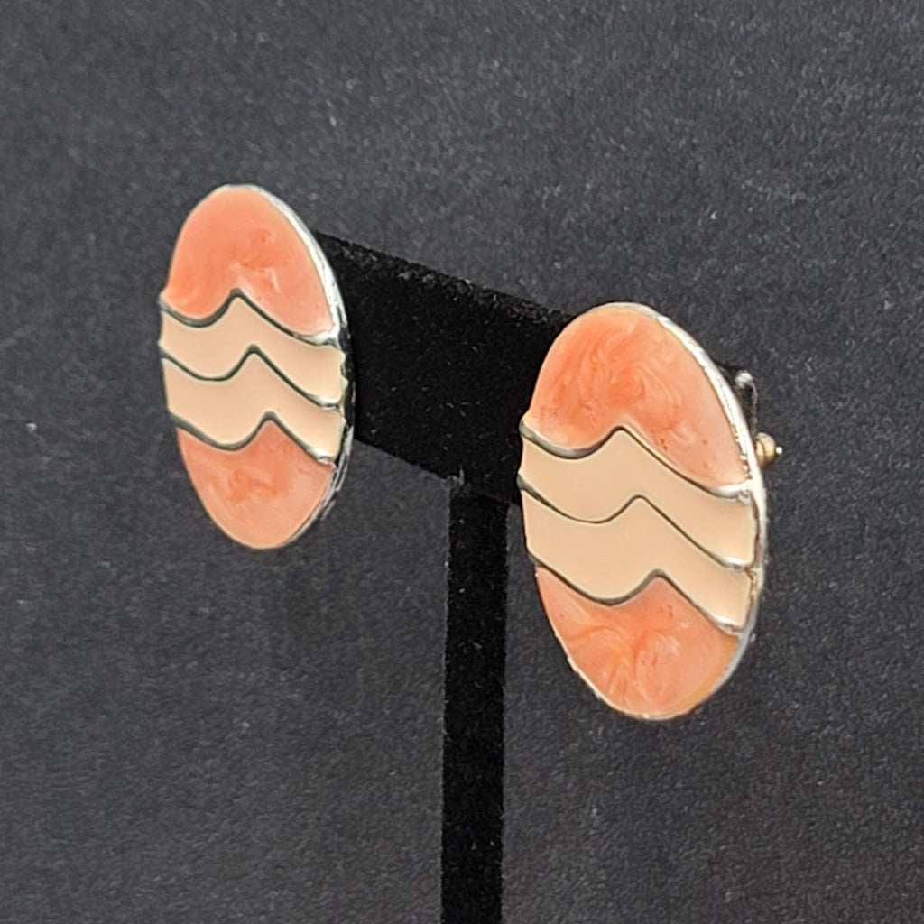 Vintage Pierced Earrings Silver tone Round Pink Swirl Enamel Drop 1"
