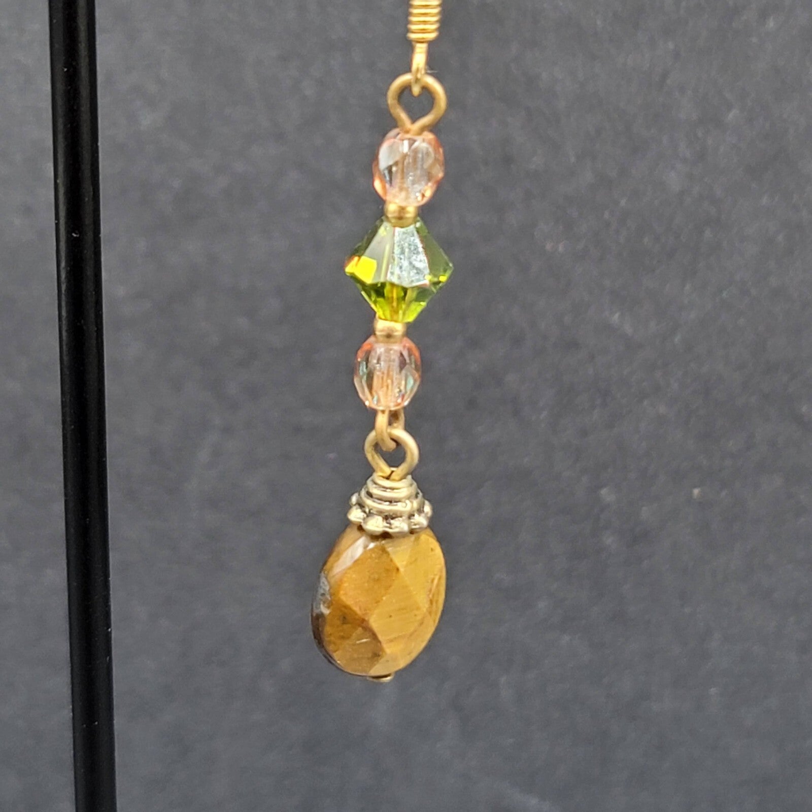 Pierced Earrings Tigers Eye Pink Green Crystal Bead 1.5"