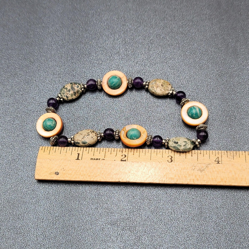 Multi Gemstone Beaded Bracelet Jasper Amethyst Shell Elastic 8.5"