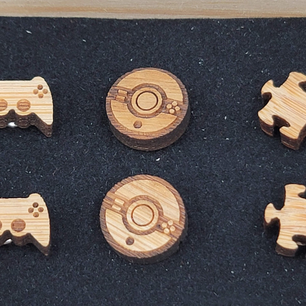 Wood Laser Cut Pierced Earrings Studs Game Controller Poke Ball Puzzle Pieces