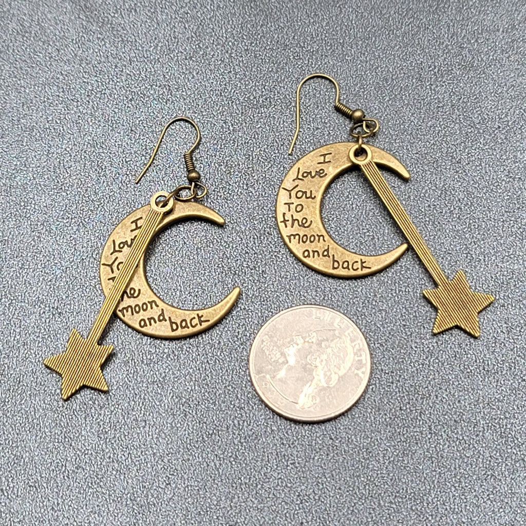 Pierced Earrings Bronze tone I Love You to the Moon and Back Metal Dangle 2"