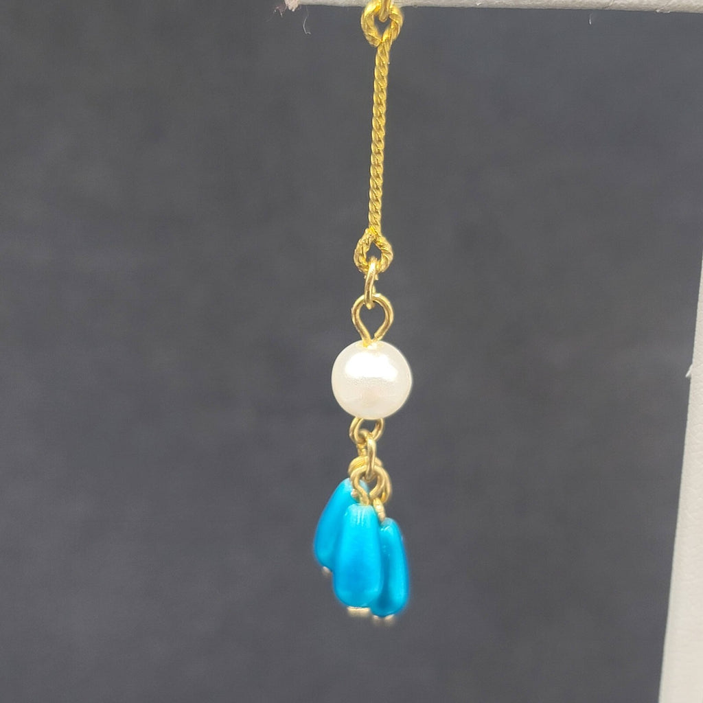 Pierced Earrings Gold Plated Bright Blue Beads Faux Pearl Dangle 2.25"