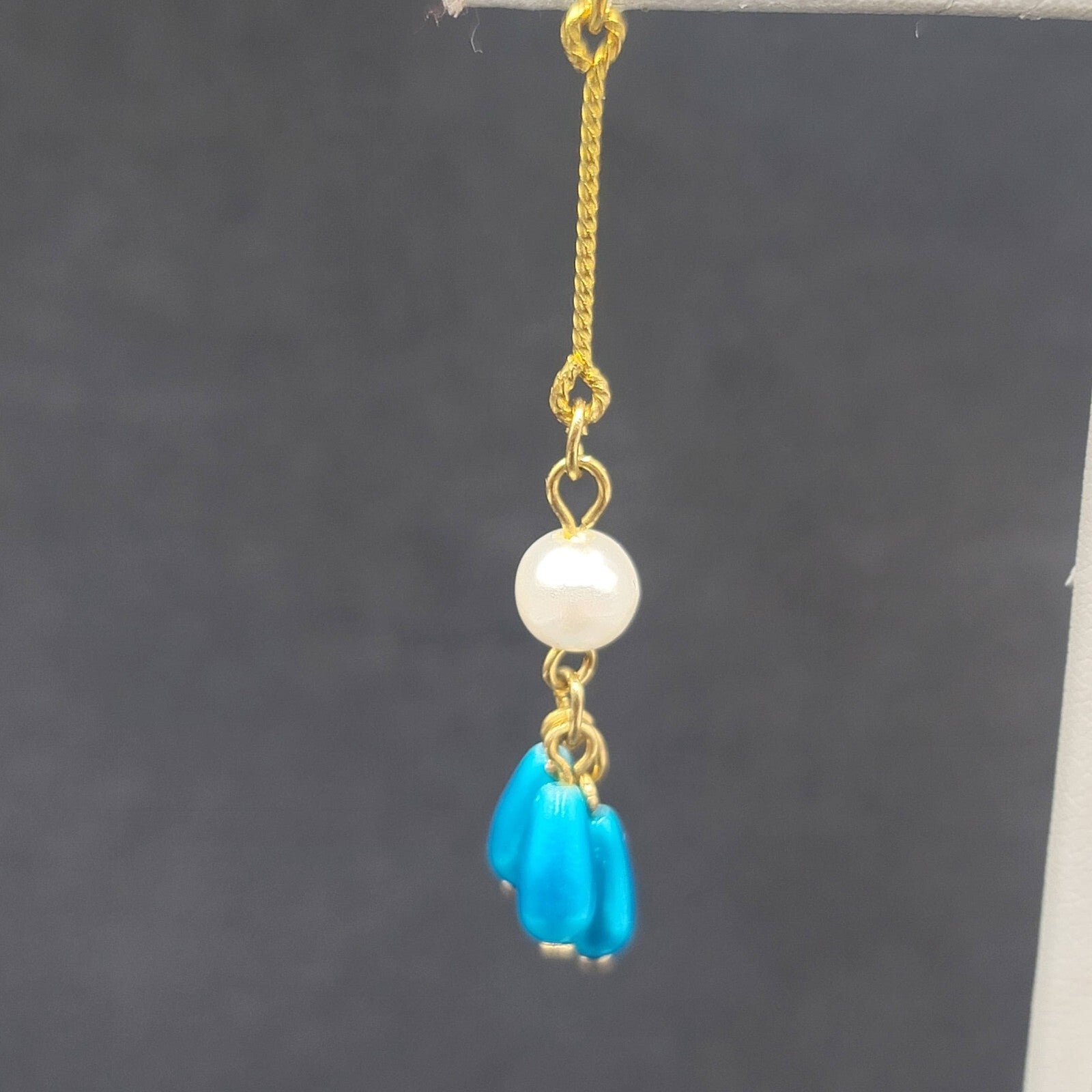 Pierced Earrings Gold Plated Bright Blue Beads Faux Pearl Dangle 2.25"