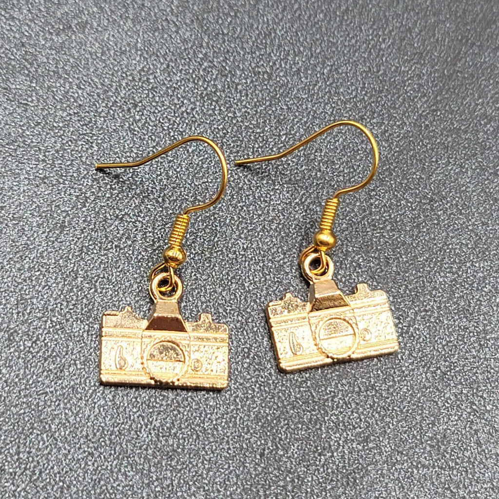 Retro Camera Pierced Earrings Gold tone Dangle 1/2"
