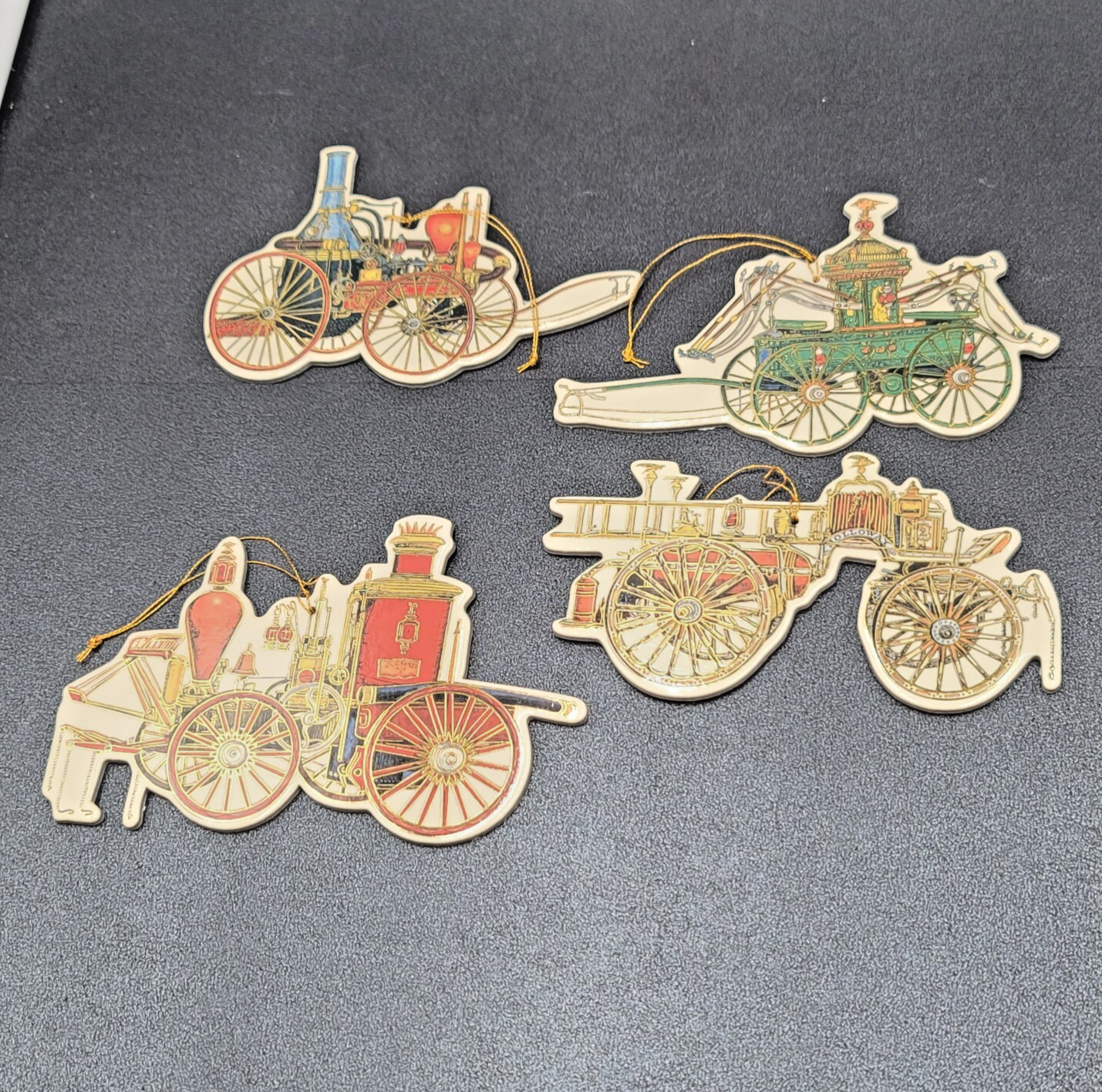 Vintage Shackman Diecut Gold Stamped 4 Ornaments Vehicles 1999