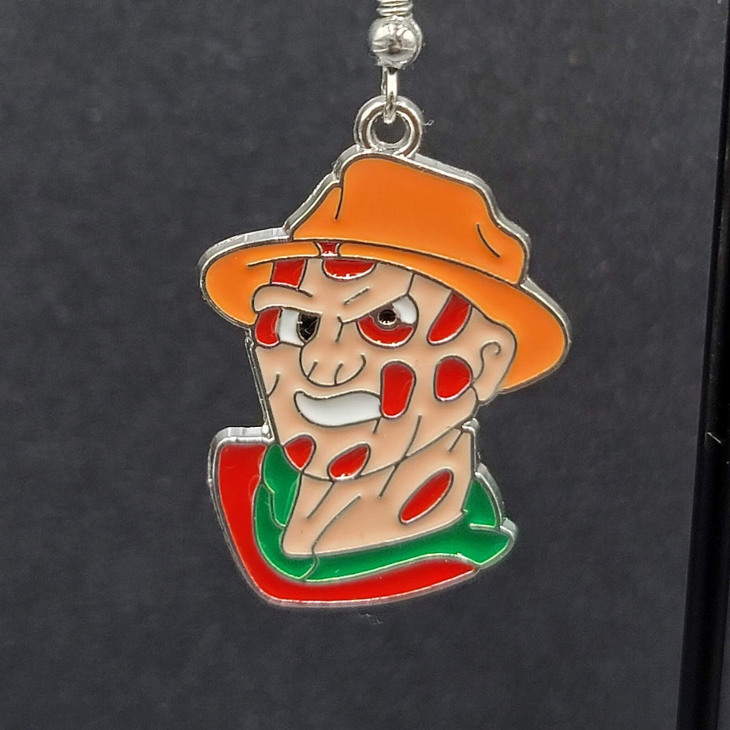 Freddy Krueger Pierced Earrings Enamel Silver tone Horror Movie Dangle 1.25" FS
