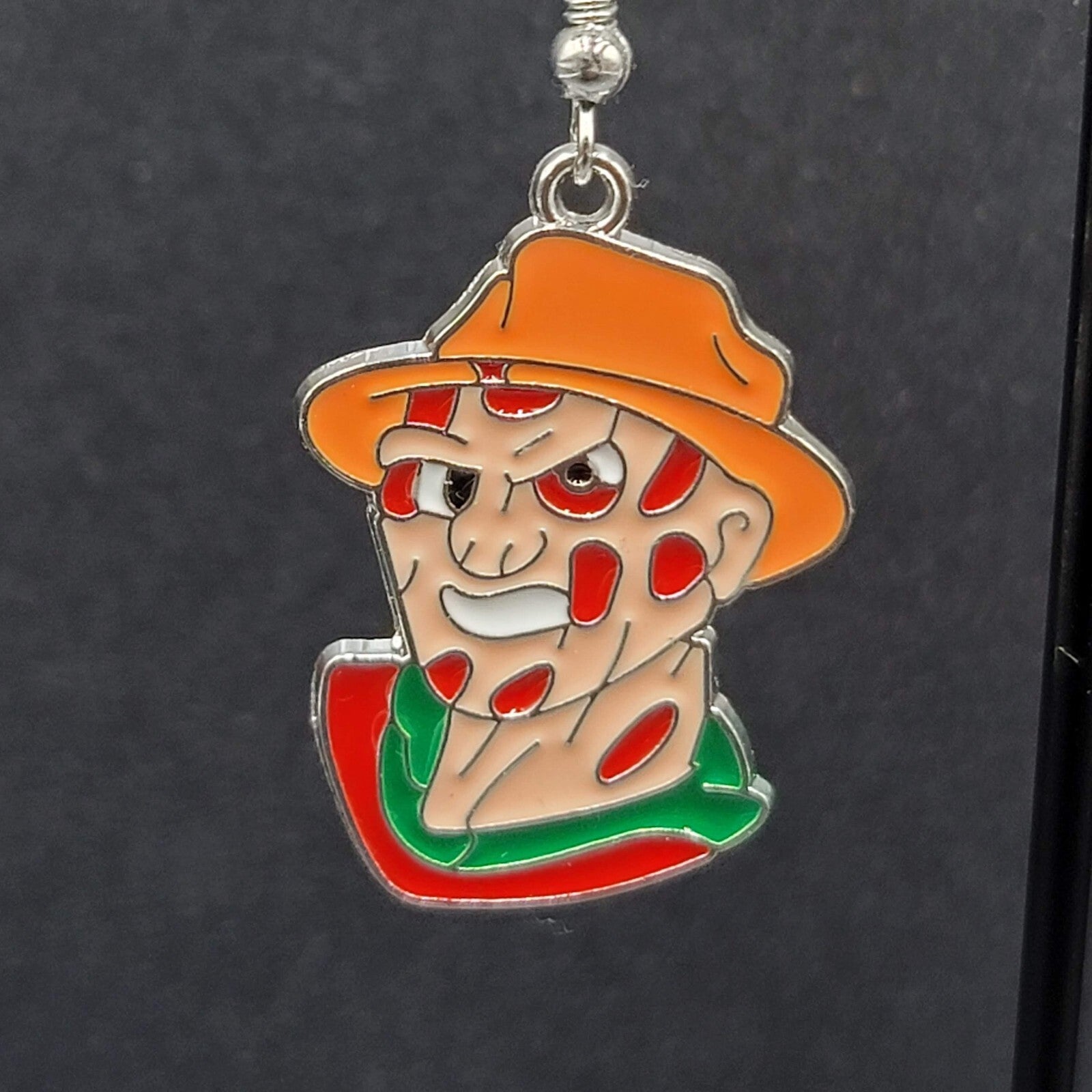 Freddy Krueger Pierced Earrings Enamel Silver tone Horror Movie Dangle 1.25" FS