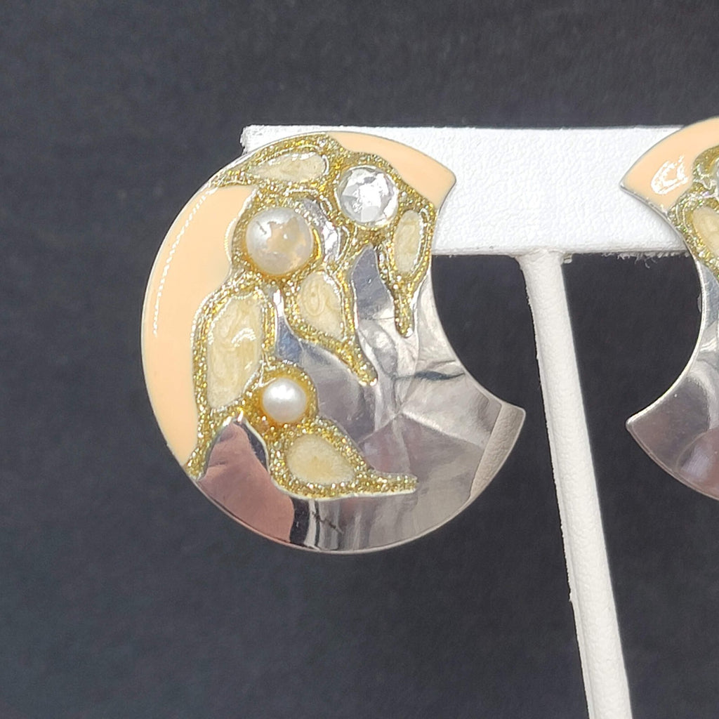 Vintage Clip on Earrings Silver tone Large Statement Enamel Glitter 1.75"