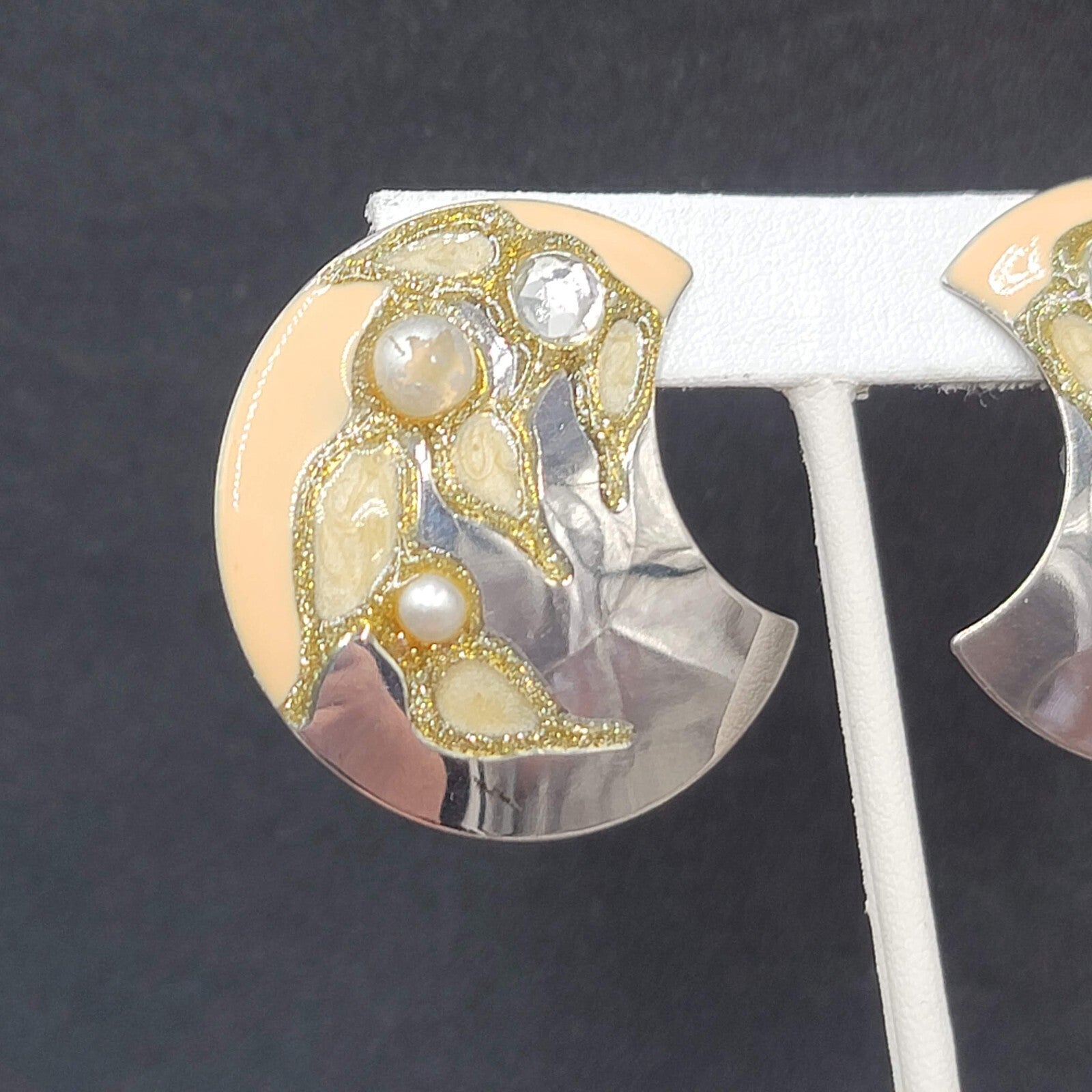 Vintage Clip on Earrings Silver tone Large Statement Enamel Glitter 1.75"