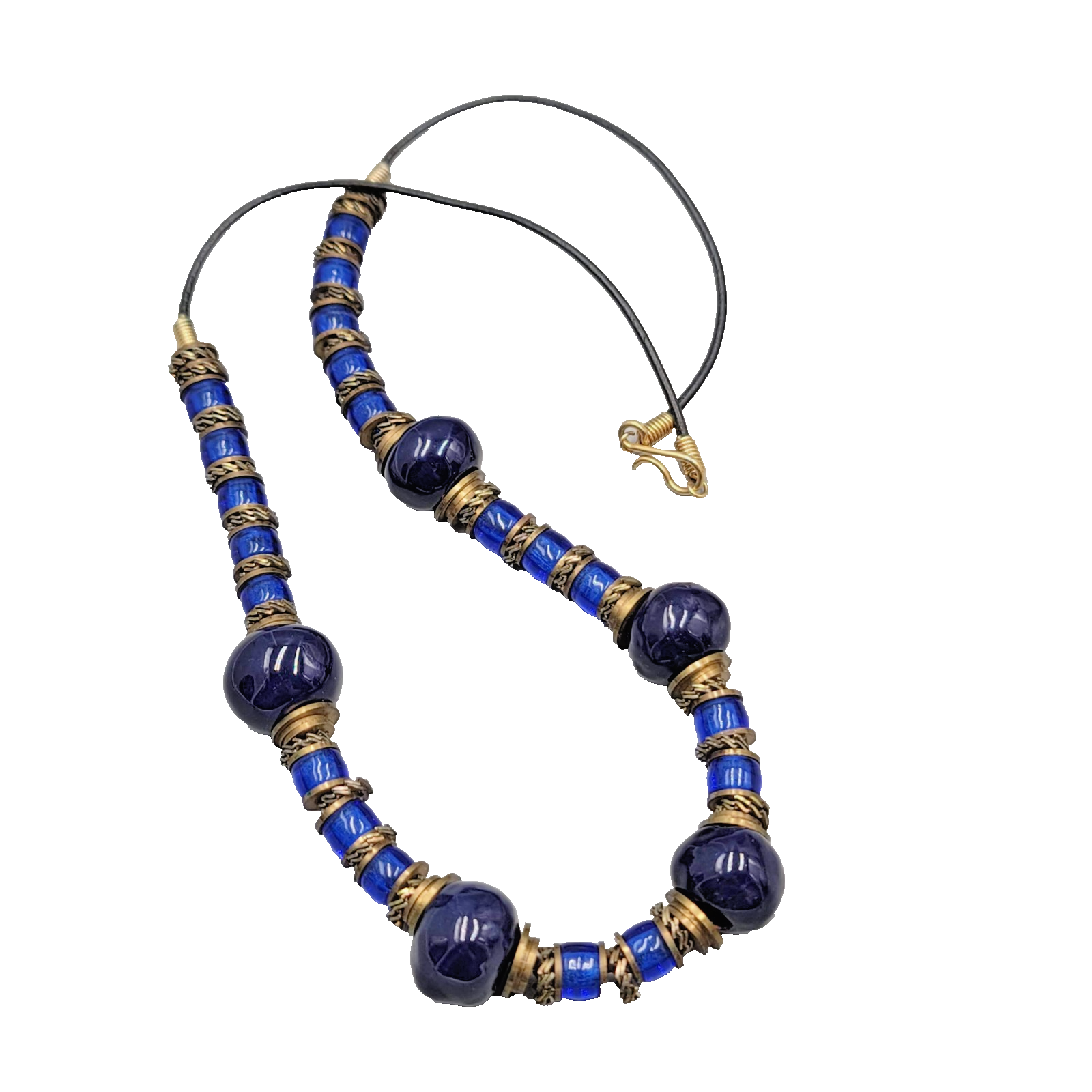 Vintage Ethnic Brass Blue Glass Bead Necklace 24" Estate Jewelry