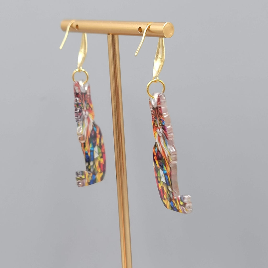Mosiac Kitty Cat Pierced Earrings Multicolor  Acrylic Dangle Gold tone Hook 1.5"