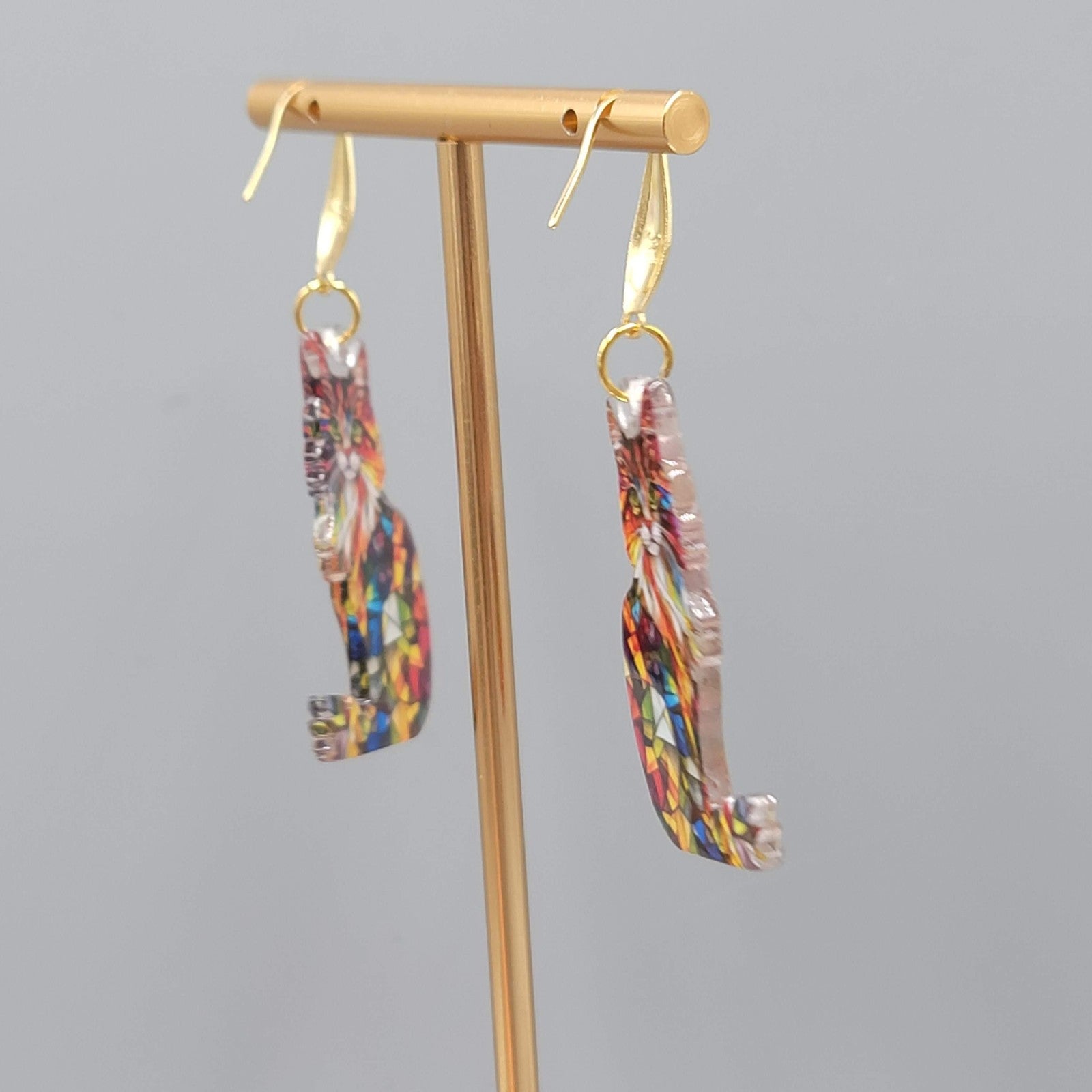 Mosiac Kitty Cat Pierced Earrings Multicolor  Acrylic Dangle Gold tone Hook 1.5"