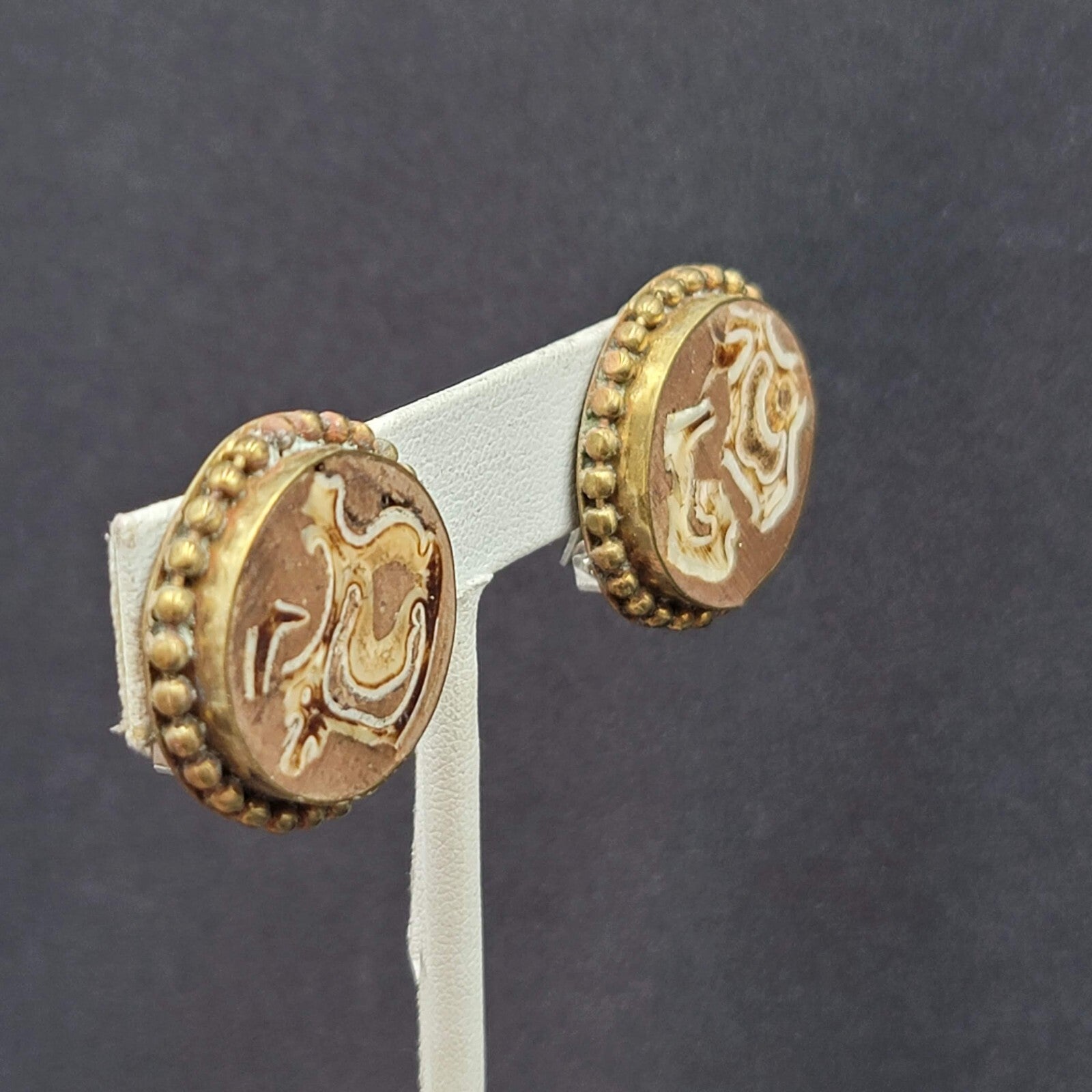 Vintage Clip on Earrings Brass Wood Stone Inlay Unique Discs  1"