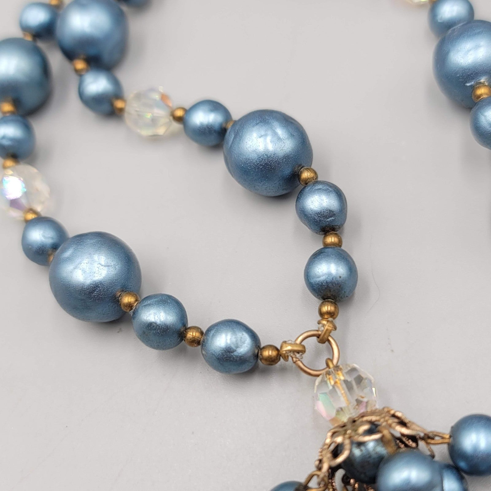 Vintage Faux Pearl Bead Necklace 24" Crystal Aurora Borealis Dangle Gold Tone