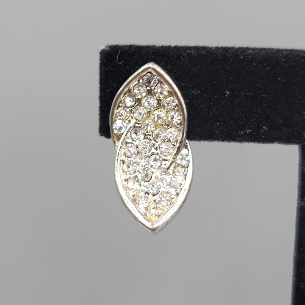 Vintage Curved Rhinestone Clip on Earrings Silver tone Drop 7/8 in