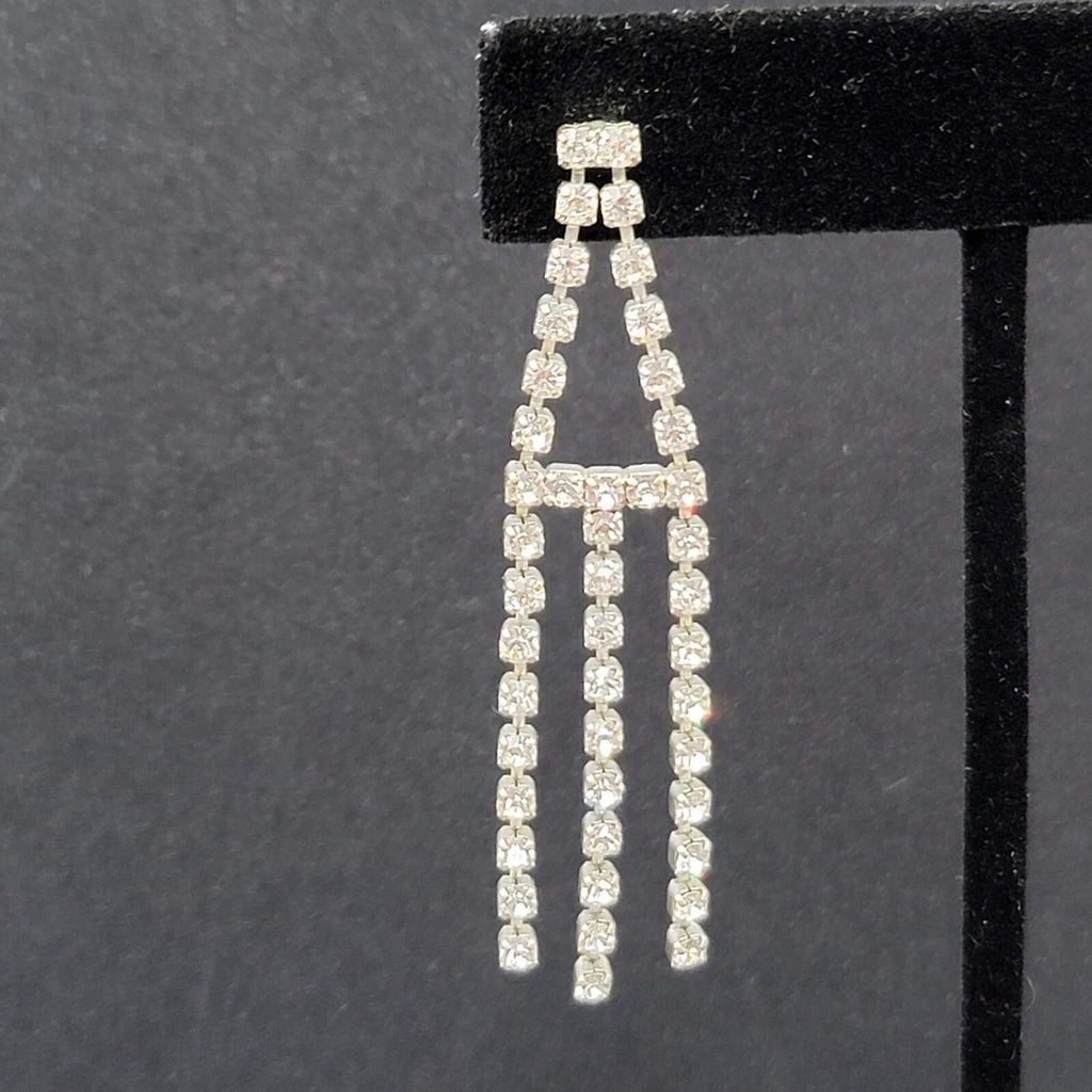 Vintage Pierced Earrings Silver tone Rhinestone Triple Dangle 2.25"