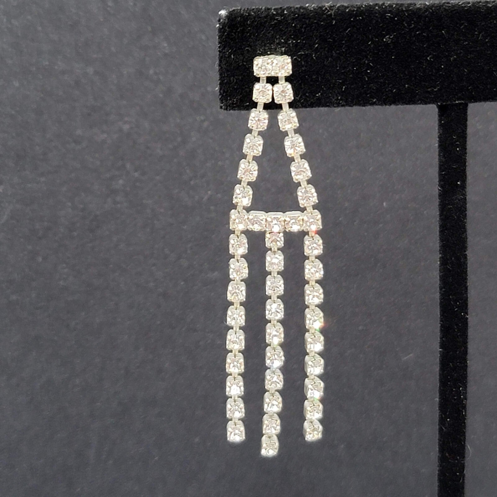 Vintage Pierced Earrings Silver tone Rhinestone Triple Dangle 2.25"
