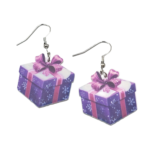 Christmas Present Pierced Earrings Silver tone Dangle Purple Pink 1.25 in