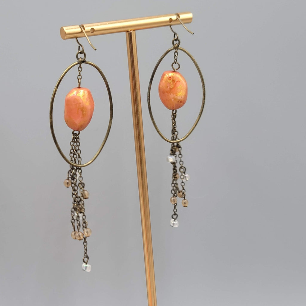 Dangle Chains Pierced Earrings Bronze tone Orange Bead Long 3.25 in