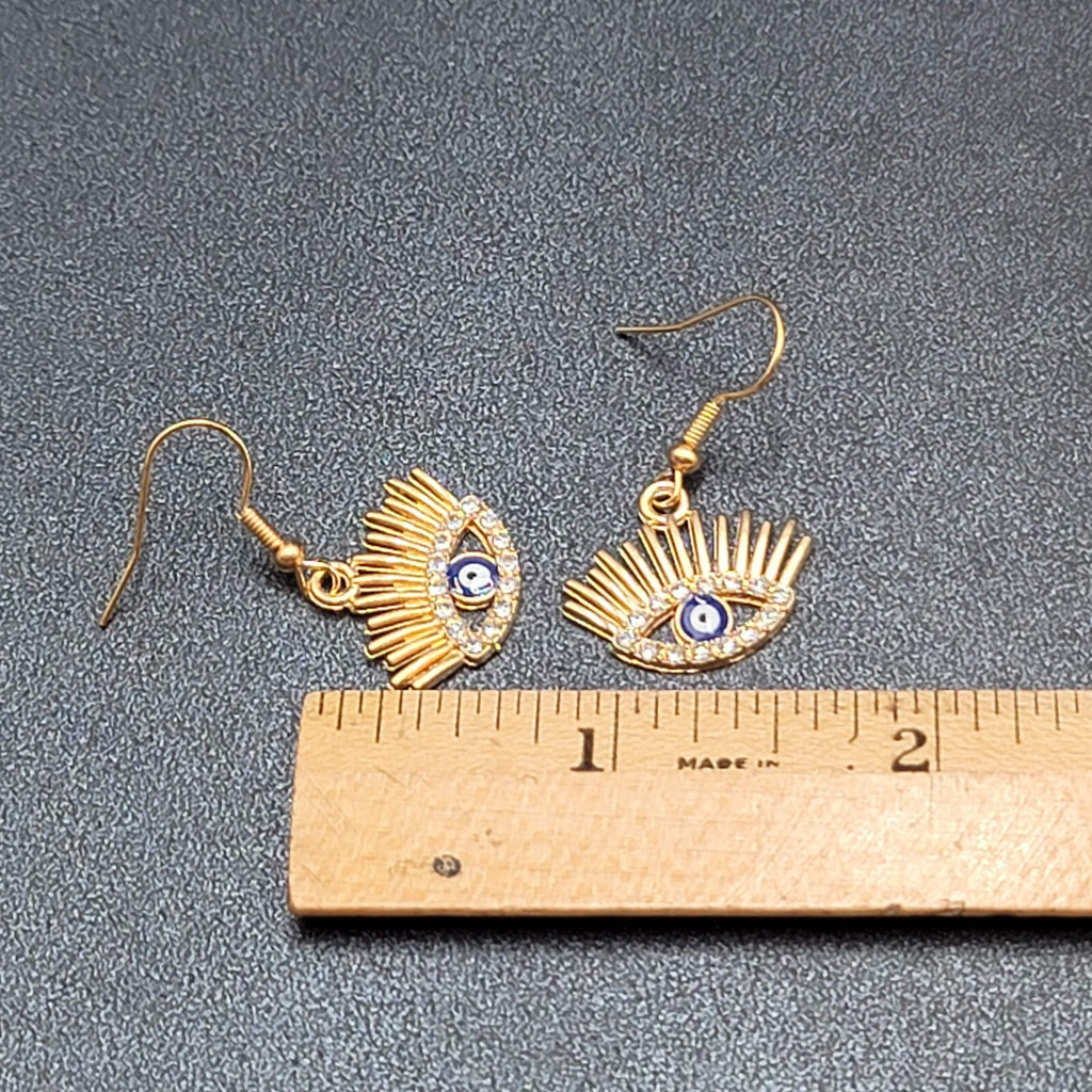 New Evil Eye Pierced Earrings Gold tone Enamel Dangle Eyelashes 5/8"