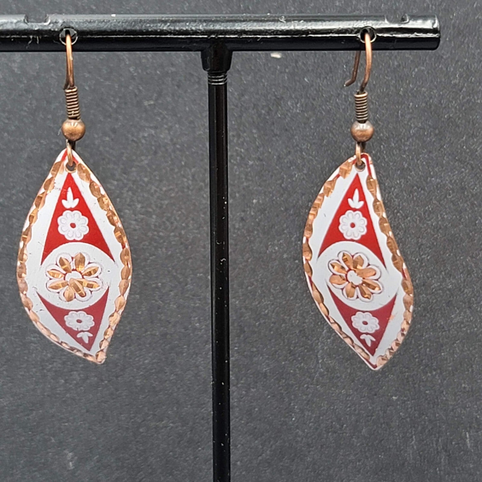 Pierced Earrings Copper Laser Cut Red White Design Dangle 1.5"