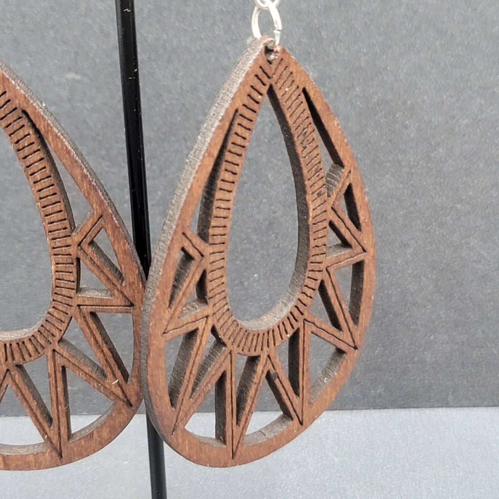 Boho Wood Pierced Earrings Laser Cut Open Teardrop 2.5"