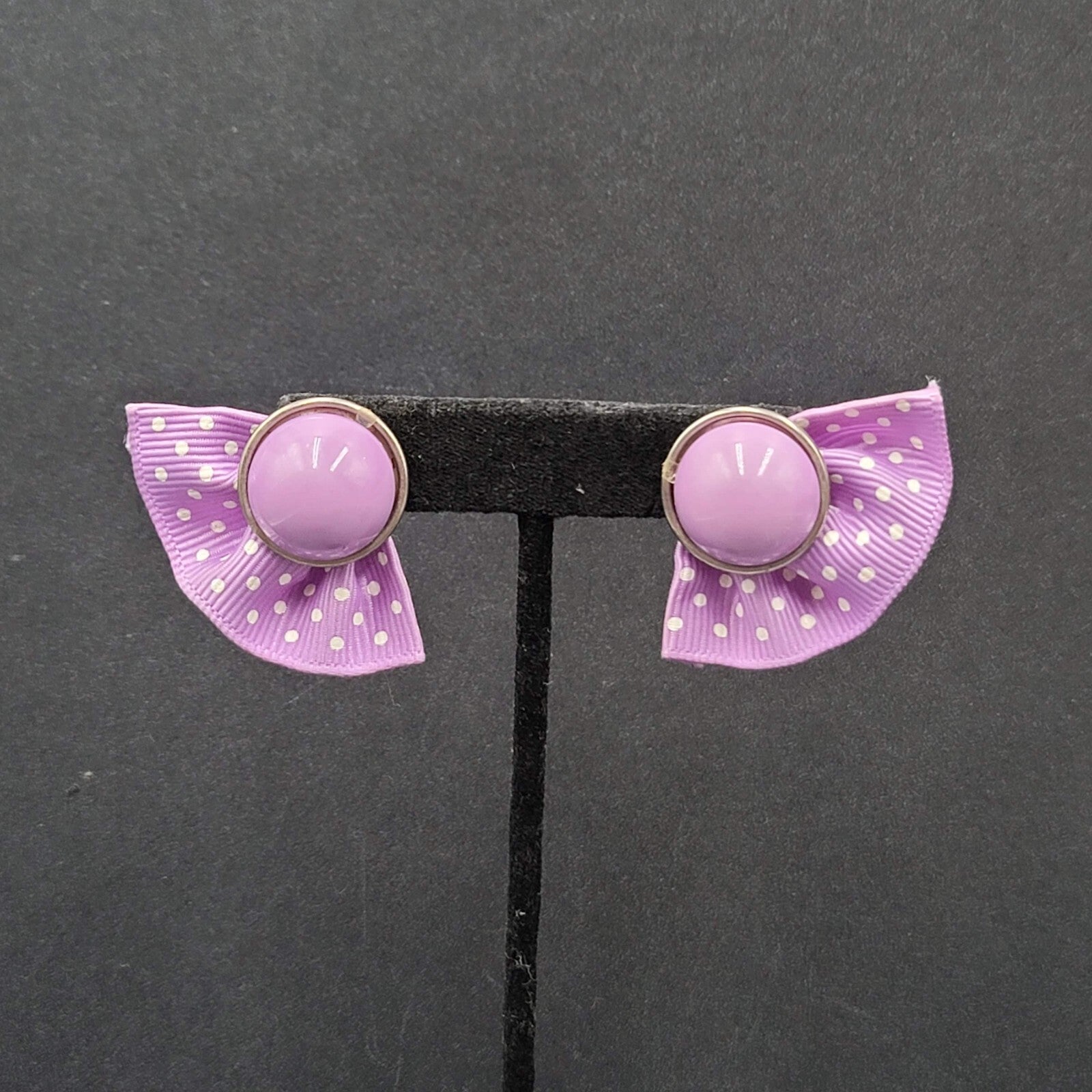Vintage Pierced Earrings Purple Cabochon Polka Dot Grosgrain Ribbon 1 7/8"