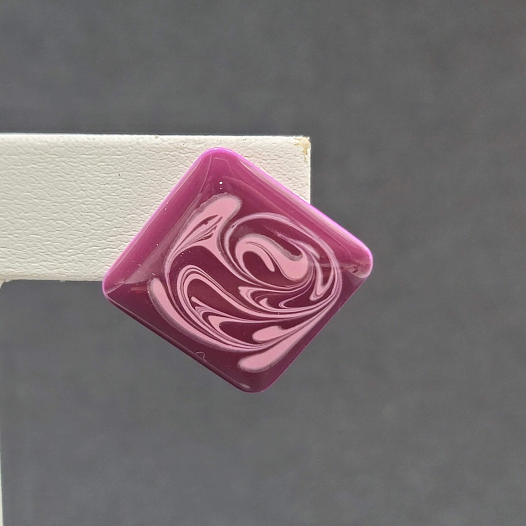 Vintage Pierced Earrings Purple Swirl Enamel over Metal Square Drop 1"