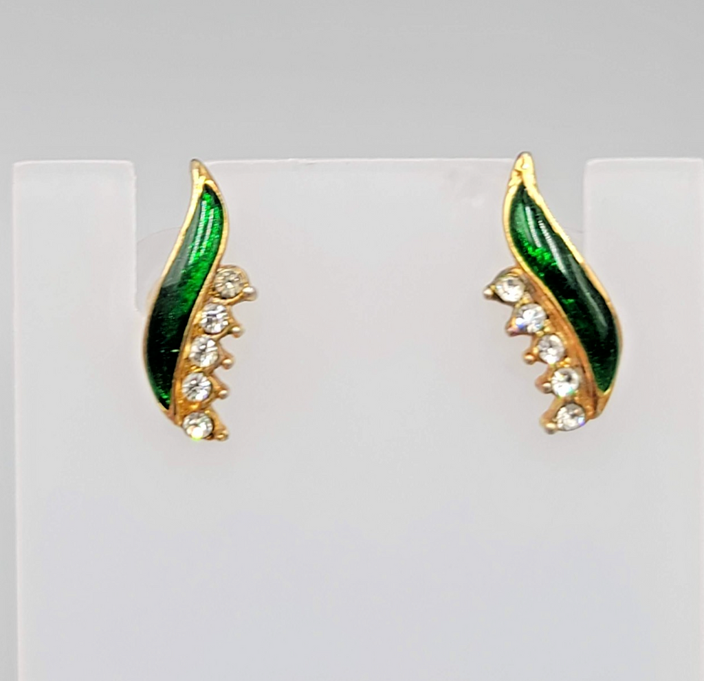 Vintage Green Enamel Pierced Earrings Cubic Zirconia Drop Minimalist 5/8 in