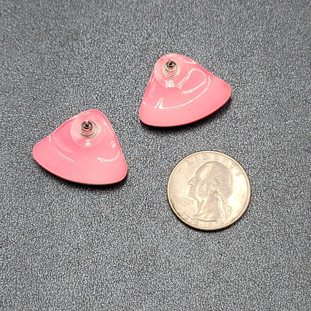 Vintage Pierced Earrings Pink Enamel Triangle Drop 1"