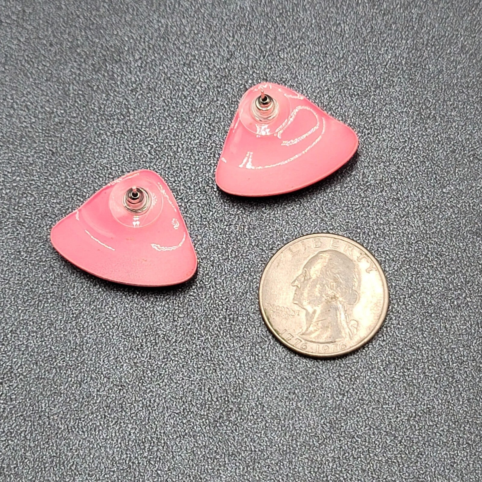 Vintage Pierced Earrings Pink Enamel Triangle Drop 1"