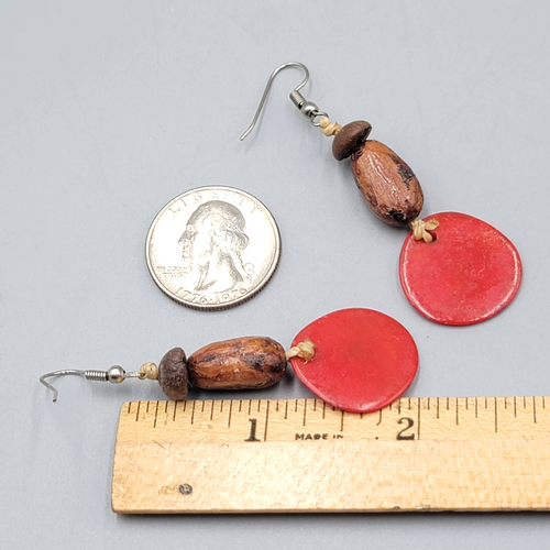 Artisan Bead Pierced Earrings Coffee Bean Seed Hand Painted Dangle 1.75"