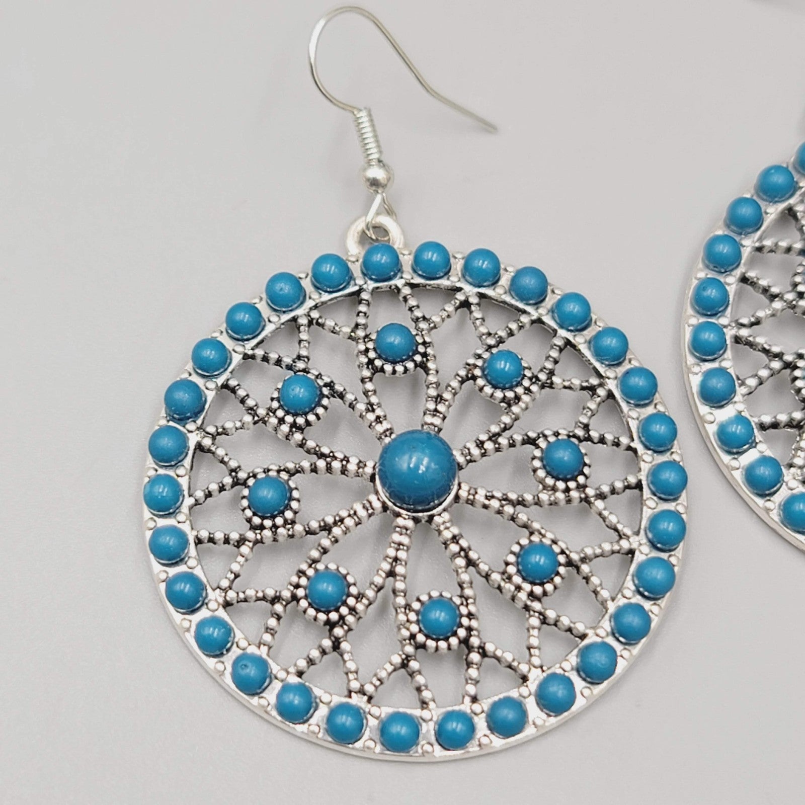 Round Blue Bead Dangle Pierced Earrings Silver Tone Statement 1.5"